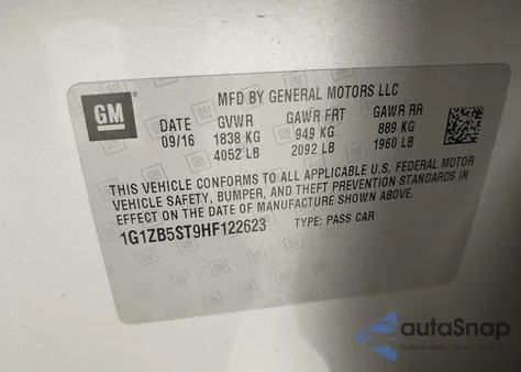 2017 Chevrolet Malibu Ls z USA, uszkodzony, nr VIN 1G1ZB5ST9HF122623